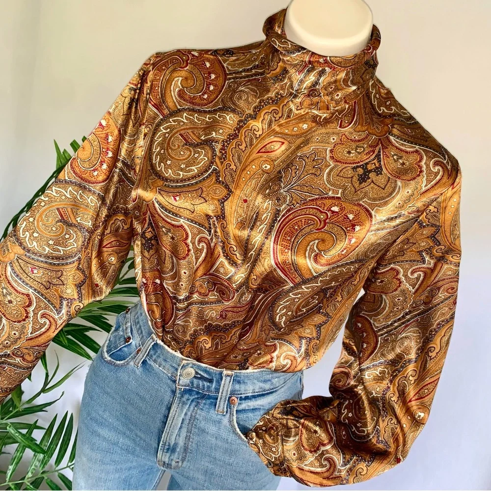 v i n t a g e :: Flowy High Neck Paisley Satin Blouse - Picture 11 of 11